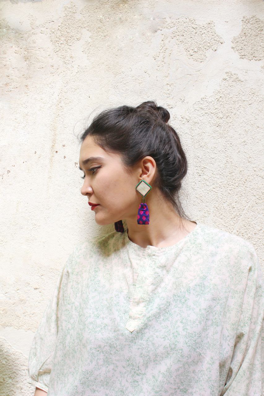 Harir Dimond Mirror & Fabric Earrings
