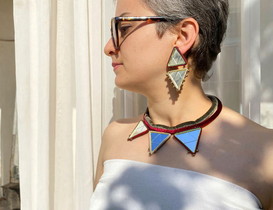 Harir 3 Triangle Mirror & Fabric Necklace