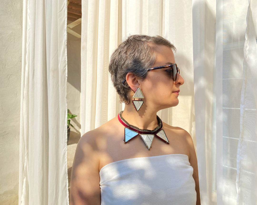 Harir 3 Triangle Mirror & Fabric Necklace